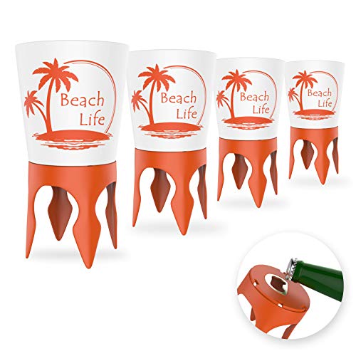Beach Vacation Accessories: Beach Drink Cup Holder Sand with Bottle Opener and Spikes (4 Pack) | Spike Coaster Cups - Supplies Gear Essentials Stuff Items Necessities Must Haves for Adults Women Men