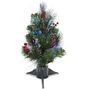18 Fiber Optic Ice Crestwood Small Tree with Silver Bristle, 5 Cones,5 Red Berries Glitter in Green Base Battery Operated Lights