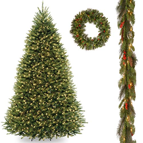 10' Dunhill Fir Hinged Tree with 9' x 10 Crestwood Spruce Garland include Clear Lights and 30 Crestwood Spruce Wreath includes LED Lights