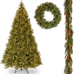 10' Feel-Real Downswept Douglas Hinged Tree with 9' x 10 Crestwood Spruce Garland  and 30 Crestwood Spruce Wreath includes LEDs & Clear Lights