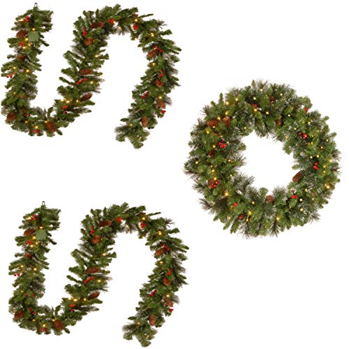 9' x 10 Crestwood Spruce Garland includes LED Lights (2 pack) with 30 Crestwood Spruce Wreath includes Clear Lights