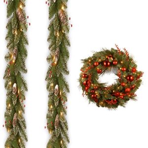 Pack of 2, 9' x 10 Glittery Mountain Spruce Garland include Clear Lights with 24 Decorative Collection Christmas Red Mixed Wreaths include LEDs