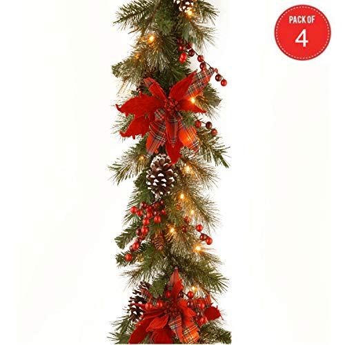 9' X 12 Decorative Collection Tartan Plaid Garland with Cones, Red Berries, Poinsettas and 50 Soft White Battery Operated LEDs with Timer (Pack of 4)
