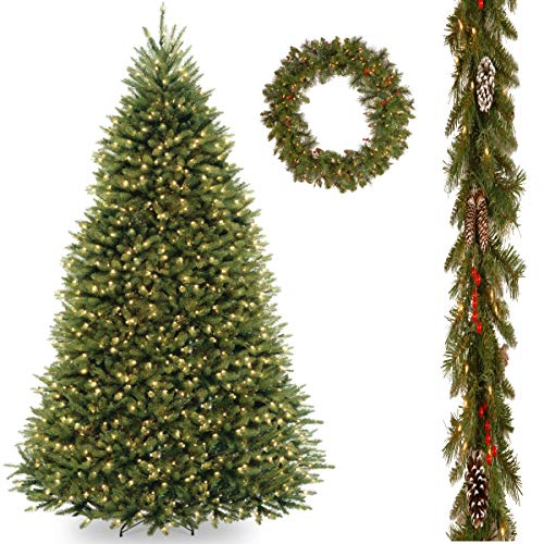 10' Dunhill Fir Hinged Tree include LED Lights with 9' x 10 Frosted Berry Garland and 36 Crestwood Spruce Wreath includes Clear Lights