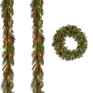 9' x 10 Crestwood Spruce Garland includes Clear Lights (2 Pack) with 30 Crestwood Spruce Wreath includes LED Lights