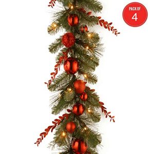 9'x12 Decorative Collection Christmas Red Mixed Garland with 50 Soft White Battery Operated LEDs with Timer (Pack of 4)