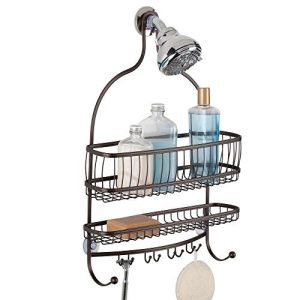 InterDesign York Metal Wire Hanging Shower Caddy, Extra Wide Space for Shampoo, Conditioner, and Soap with Hooks for Razors, Towels, and More, 16 x 4 x 22, Bronze