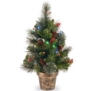 2' Crestwood Spruce Small Tree with Silver Bristle, Cones, Red Berries and Glitter in a Plastic Bronze Pot with 35 Battery Operated Multi LED Lights