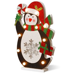 17 Wood-Look Double Sided Penguin Holding Lollypop with 10 Warm White Battery Operated LED Lights