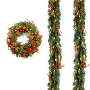 9' x10 Classical Collection Garland with 30 Decorative Collection Christmas Red Mixed Wreaths includes Clear Lights and LEDs with Timer