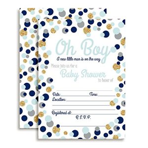 Amanda Creation Polka Dot Blue and Gold Boy Baby Shower Fill in Style Invitations. Set of 20 Including envelopes