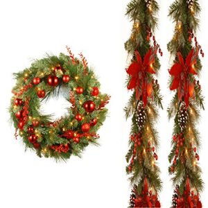 Pack of 2, 9' X 12 Decorative Collection Tartan Plaid Garland with 30 Decorative Collection Chritmas Red Mixed Wreaths includes LEDs