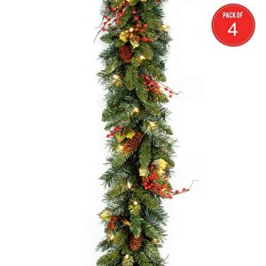 9' x10 Classical Collection Garland with Red Berries, Cones, Holly Leaves and 50 Clear Lights (Pack of 4)