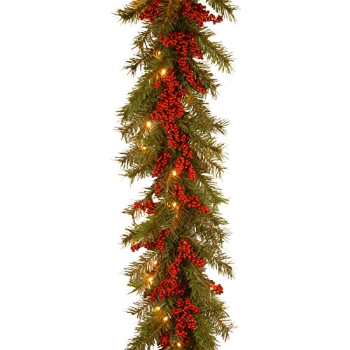 9' X 14 Decorative Collection Valley Pine Garland with Red Berries and 50 Soft White Battery Operated LEDs with Timer