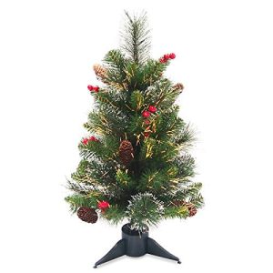 24 Fiber Optic Ice Crestwood Tree with Silver Bristle, Cones, Red Berries, Glitter & Warm White Battery Operated LED Lights