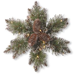 14 Glittery Bristle Pine Snowflakes with Cones & 15 Warm White Battery Operated LED Lights w/Timer
