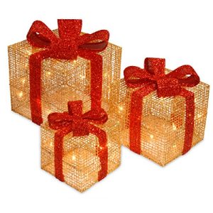 Set of 3 Gold Thread Giftbox with Holly & 35 Clear Indoor/Outdoor Lights
