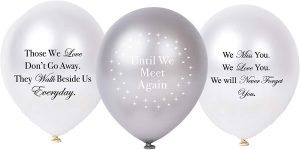 Biodegradable Remembrance Balloons: 30pc White & Silver Personalizable Funeral Balloons for Balloon Releases & Sympathy Gifts | Created/Sold by AMERIBA, a USA company (Variety Pk White, Black Writing)