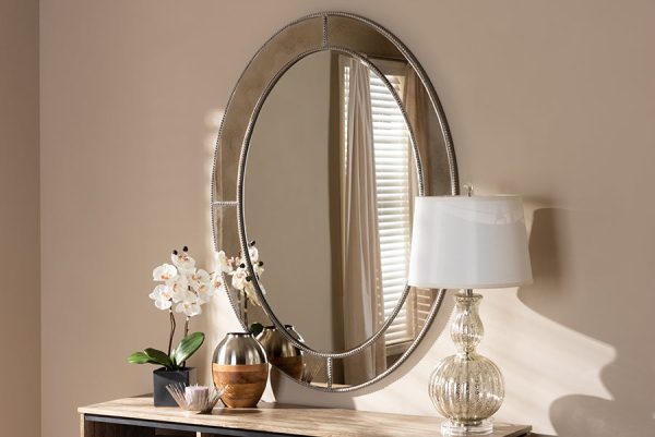 Baxton Studio Branca Modern and Contemporary Antique Silver Finished Oval Accent Wall Mirror