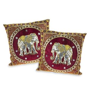 Thai Elephant Embroidered Velvet Throw Pillow Cases Set Of 2 Red