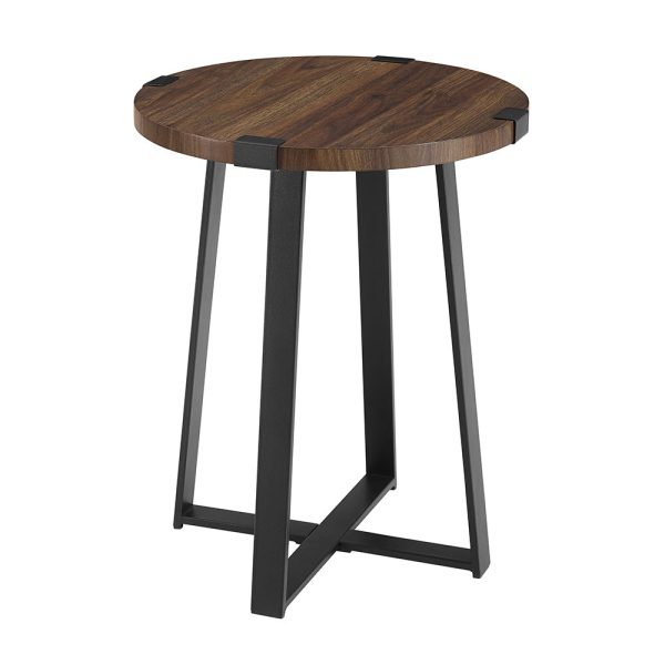 18 Rustic Urban Industrial Wood and Metal Wrap Round Accent Side Table - Dark Walnut