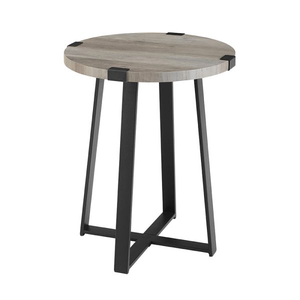 18 Rustic Urban Industrial Wood and Metal Wrap Round Accent Side Table - Grey Wash