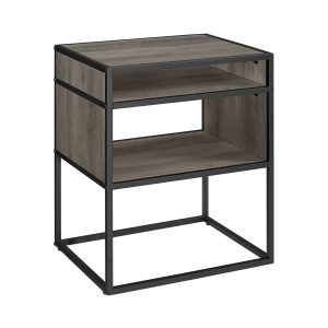 20 Inch Metal and Wood Side Table with Open Shelf  Grey Wash