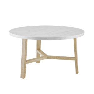 30 Inch Round Coffee Table  White Marble and Light Oak