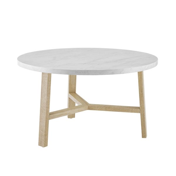 30 Inch Round Coffee Table  White Marble and Light Oak