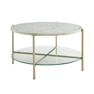 32 Round Coffee Table - White Marble Top, Glass Shelf, Gold Legs