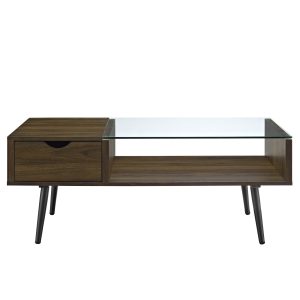 42 Mid Century Modern Wood and Glass Coffee Table with Drawer and an Open Shelf - Dark Walnut