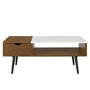 42 Mid Century Modern Wood and Faux Marble Coffee Table - Pecan