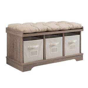 42 Wood Storage Bench with Totes and Cushion - Driftwood