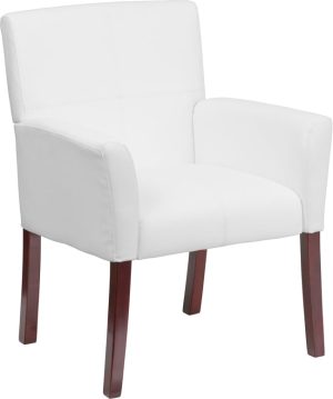 White Leather Executive Side Reception Chair with Mahogany Legs - BT-353-WH-GG