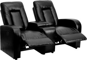 Eclipse Series 2-Seat Push Button Motorized Reclining Black Leather Theater Seating Unit with Cup Holders - BT-70259-2-P-BK-GG