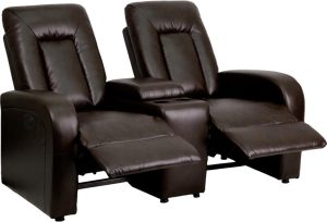 Eclipse Series 2-Seat Push Button Motorized Reclining Brown Leather Theater Seating Unit with Cup Holders - BT-70259-2-P-BRN-GG