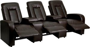 Eclipse Series 3-Seat Reclining Brown Leather Theater Seating Unit with Cup Holders - BT-70259-3-BRN-GG