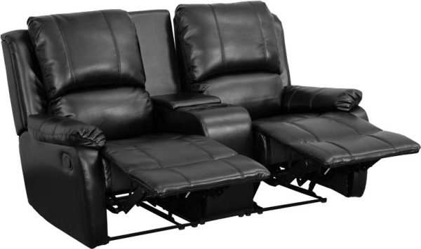 Allure Series 2-Seat Reclining Pillow Back Black Leather Theater Seating Unit with Cup Holders - BT-70295-2-BK-GG