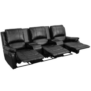 Allure Series 3-Seat Reclining Pillow Back Black Leather Theater Seating Unit with Cup Holders - BT-70295-3-BK-GG