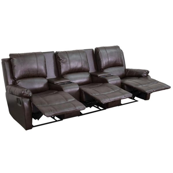 Allure Series 3-Seat Reclining Pillow Back Brown Leather Theater Seating Unit with Cup Holders - BT-70295-3-BRN-GG
