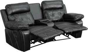 Reel Comfort Series 2-Seat Reclining Black Leather Theater Seating Unit with Curved Cup Holders - BT-70530-2-BK-CV-GG