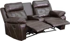 Reel Comfort Series 2-Seat Reclining Brown Leather Theater Seating Unit with Curved Cup Holders - BT-70530-2-BRN-CV-GG