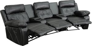 Reel Comfort Series 3-Seat Reclining Black Leather Theater Seating Unit with Curved Cup Holders - BT-70530-3-BK-CV-GG