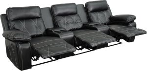 Reel Comfort Series 3-Seat Reclining Black Leather Theater Seating Unit with Straight Cup Holders - BT-70530-3-BK-GG