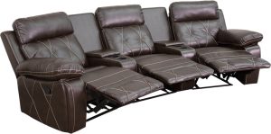 Reel Comfort Series 3-Seat Reclining Brown Leather Theater Seating Unit with Curved Cup Holders - BT-70530-3-BRN-CV-GG