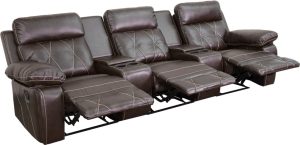 Reel Comfort Series 3-Seat Reclining Brown Leather Theater Seating Unit with Straight Cup Holders - BT-70530-3-BRN-GG