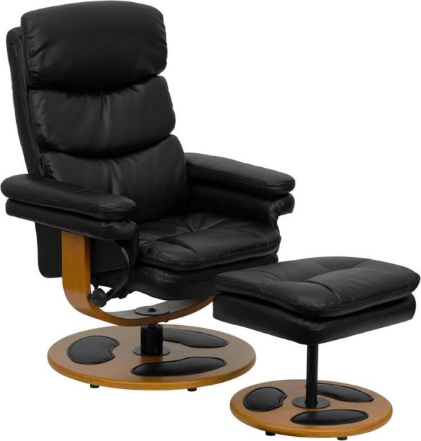 Contemporary Black Leather Recliner and Ottoman with Wood Base - BT-7828-PILLOW-GG