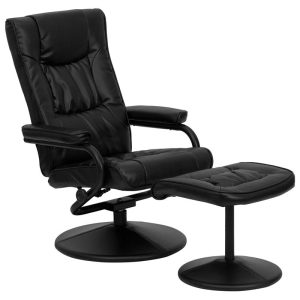 Contemporary Black Leather Recliner and Ottoman with Leather Wrapped Base - BT-7862-BK-GG