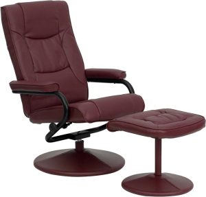 Contemporary Burgundy Leather Recliner and Ottoman with Leather Wrapped Base - BT-7862-BURG-GG
