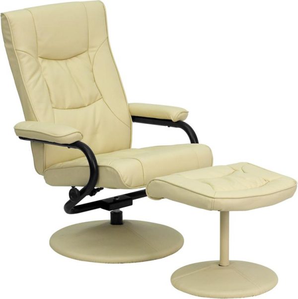 Contemporary Cream Leather Recliner and Ottoman with Leather Wrapped Base - BT-7862-CREAM-GG